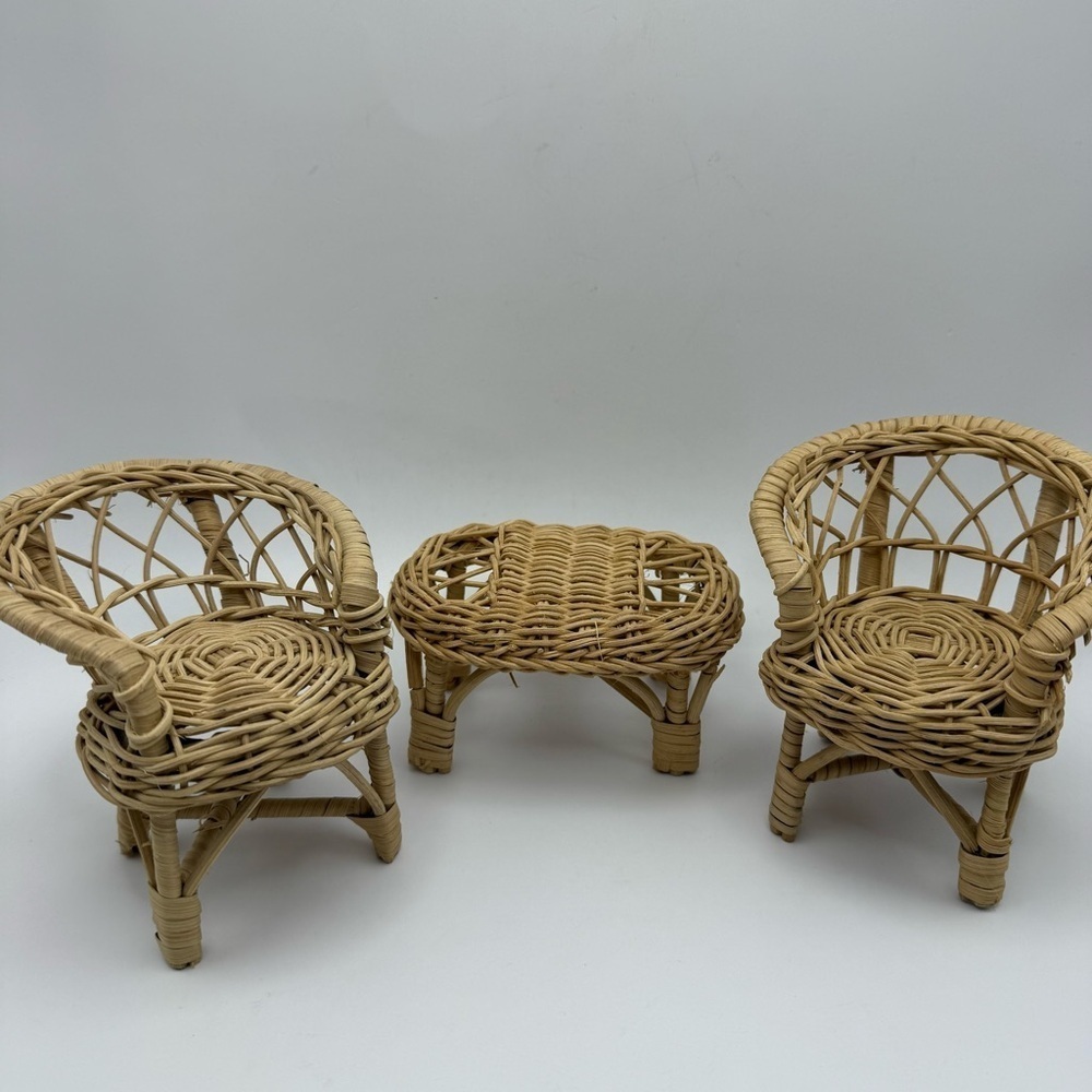 Wicker Rattan Chairs And Table Set 3 Piece Toy 11” Doll Barbie Size